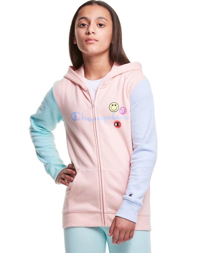 Champion Pige Hættetrøje Koral/Blå - Colorblock Fleece Full Zip Smiley Face - Danmark KOQ-134809